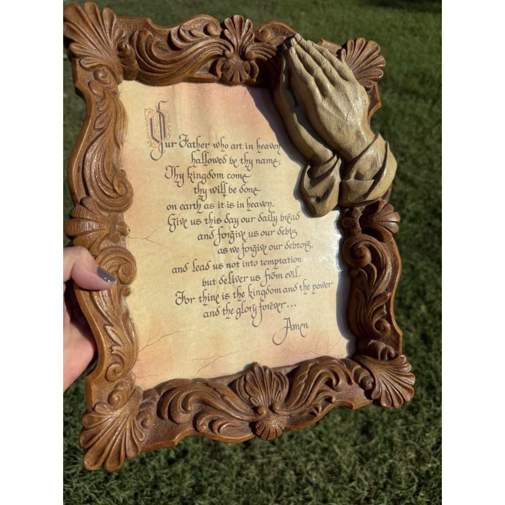 Vintage The Lord's Prayer 3D Resin Wall Hang With Praying Hands Frame 13” Ornate